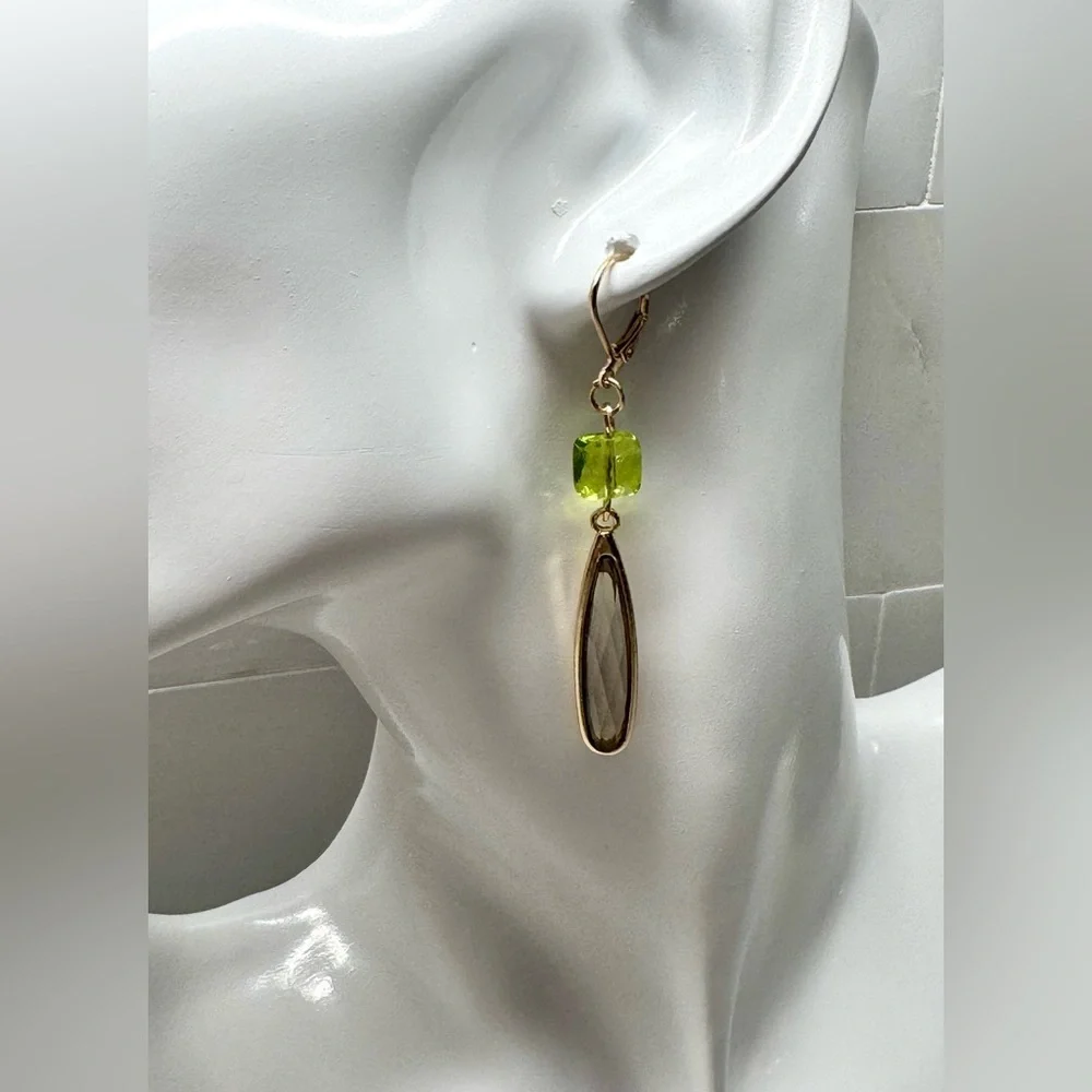 New Green Faceted Crystal Teardrop & Gold Tone Dangle Earrings - 2.50”